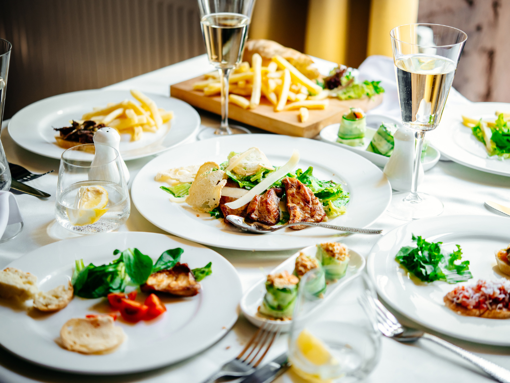 Table of food in restaurant