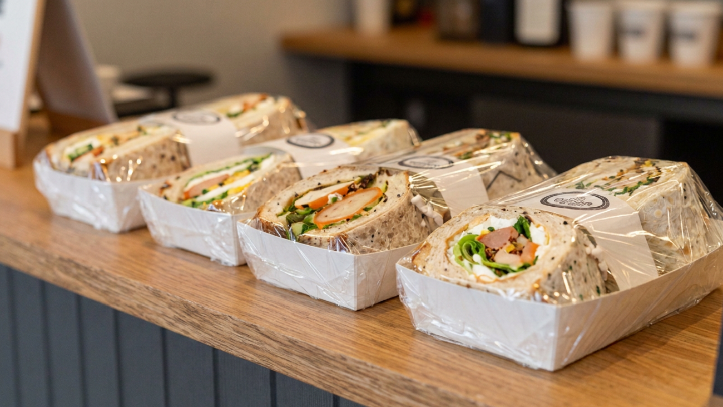 Wraps in packaging on coffee shop counter